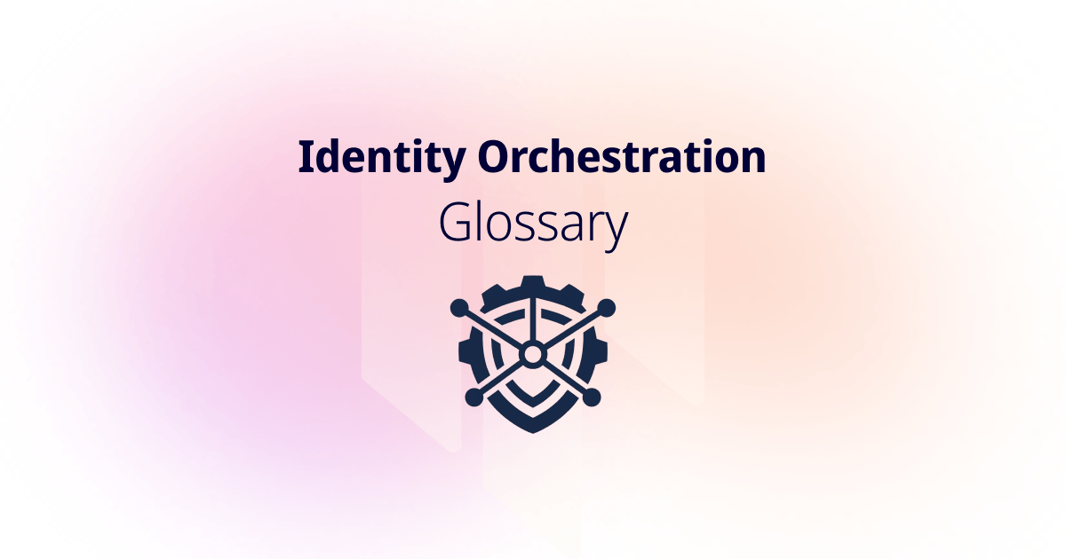 Identity Orchestration Glossary - cover with a navy gear and network nodes over a shield