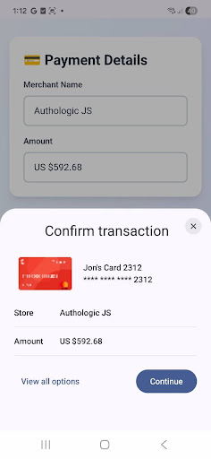 Mobile payment confirmation screen showing a wallet-based transaction with stored card credentials, illustrating digital identity–enabled payment authentication.